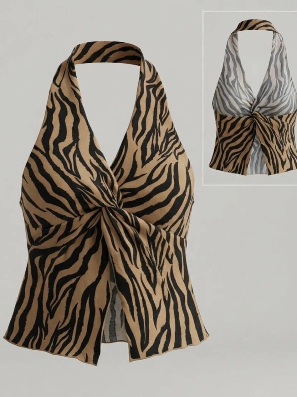 Zebra Print Halter Top - Twist Front & Open Slit